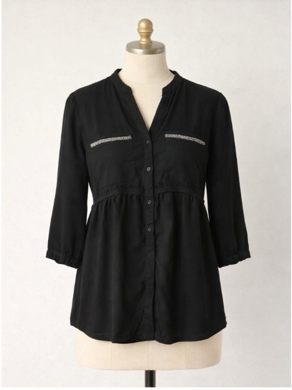 Zara Black Button-Front Tunic Blouse with Metallic Trim. Size Medium